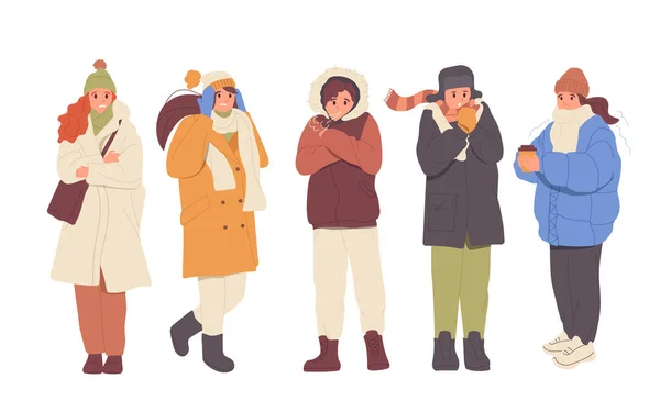 Figuren Unglücklich Frierender Menschen Warmer Winterkleidung Zittern Vor Kälte Und — Stockvektor