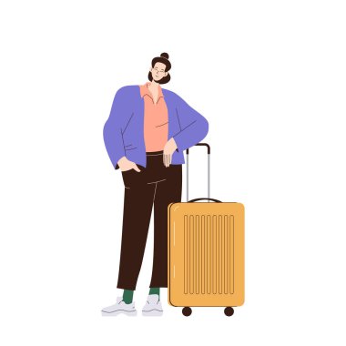 Bavul çantasıyla duran, iş seyahatine hazır, yazar kasaya kadar kuyrukta bekleyen, iç işleri vekil ilüstrasyonunu beyaz arka planda yalnız bırakan memnun bir kadın.