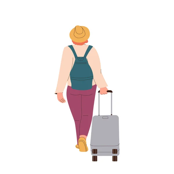 Frau Touristen Cartoon Figur Fuß Mit Koffer Gepäck Blick Von — Stockvektor
