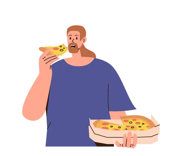 Płaska Postać Człowieka Kreskówki Jedząc Świeżą Włoską Pizzę Pola Wektor — Wektor stockowy