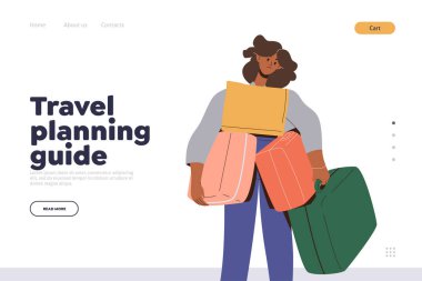 Seyahat planlama rehberi iniş sayfası tasarımı şablonu. Çevrimiçi hizmette kolay yolculuk için ipuçları ve tavsiyeler. Web sitesi düzeni turistler, iş gezginleri ve gezginler için yararlı bilgiler sağlıyor