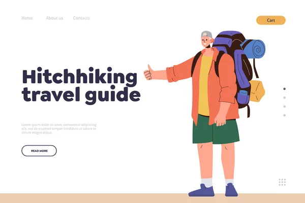 Hitchhiking Guia Viagem Modelo Design Landing Page Com Feliz Desenho —  Vetores de Stock