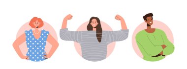 Kendine güveni olan insanlar farklı pozlarda dururlar. Güç, gurur ve mükemmellik gösterirler. Çizgi film erkek ve kadın karakterleri güçlü duruş portreleri beyaz arkaplanda izole edilmiş.