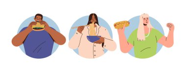 Beyaz arka planda izole edilmiş, oryantal, İtalyan ve Amerikan restoranlarından fast food yiyen mutlu insan karakterli yuvarlak bir ikon seti. Tatlı çizgi film karakteri abur cuburu seviyor.