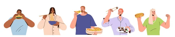 ファーストフード寿司 ホットドッグ ラーメン ピザを食べる多様な人々のセット 白を基調としたベクトルイラスト 平らな漫画の男性と女性のキャラクターおいしいジャンクフードスナックを楽しんで — ストックベクタ