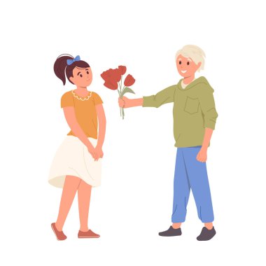 Sevimli, utangaç, genç bir çocuk sevgili vektör illüstrasyonuna bir buket lale çiçeği veriyor. Mutlu çocuk karakterleri. İlk aşk, romantik randevu ve uluslararası kadın günü konsepti.