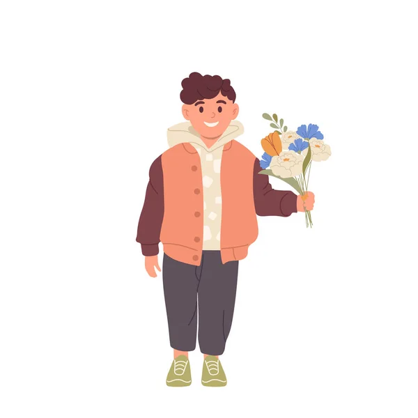 Nettes Lächeln Kleiner Junge Charakter Mit Blühenden Blumenstrauß Der Hand — Stockvektor