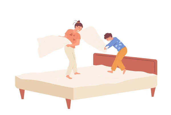 Büyük Abla Küçük Kardeş Yatak Odasındaki Yastıklarda Kavga Ediyorlar Mutlu — Stok Vektör