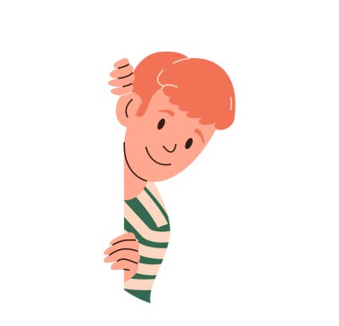 Sevimli, kızıl saçlı, mutlu bir gülümsemeyle bir şeyi ya da birini vektör illüstrasyonunda arayan bir çocuk. Düz çizgi film karakteri beyaz arkaplanda izole edilmiş.