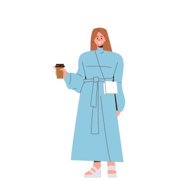 Moda kıyafetleri giyen, beyaz arka planda izole edilmiş kahve fincanıyla ayakta duran şık genç bayan öğrenci ya da iş kadını. Çizgi film modasına uygun kız vektör çizimi