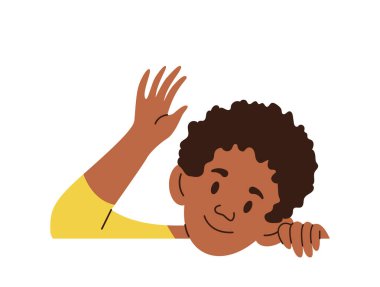 Beyaz duvar vektörü illüstrasyonunda komik çocuk yüzü beliriyor. Sevimli küçük çocuk el sallıyor, saklambaç oynuyor çocuklar için eğlence olsun diye eğleniyor.