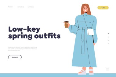 Çevrimiçi moda butiği için iniş sayfası tasarımı şablonu genç bir kadın için gösterişsiz bahar kıyafeti sunuyor. Çizgi film karakteri modaya uygun mevsimlik uzun yağmurluk ve sandalet çizimi giyiyor.