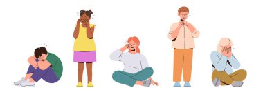 Üzgün ve üzgün çocuk karakterleri mutsuz, stres ve kötü duygu vektörü çizimleri. Umutsuzluk ve hüsran içindeki küçük kızlar ve oğlanlar farklı bir pozisyonda duruyor ya da oturuyor.