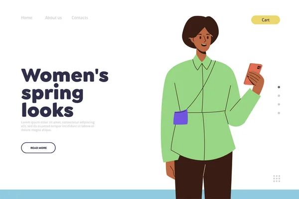 Women Spring Look Landing Page Design Template Trendy Girl Character — Stock Vector