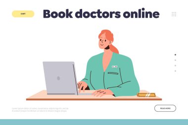 İnternet servisinden kitap doktorlarına çevrimiçi iniş sayfası tasarımı şablonu. Uzman karakter masada vektör çizimine yardımcı olmaya hazır. Klinik uygulaması için tıbbi web sitesi, klinik sayfası
