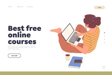 İniş sayfası için en iyi ücretsiz online kurs konsepti. Mutlu bir kadın ofis vektör ilüstrasyonunda dizüstü bilgisayarı kullanarak videolar izliyor. Başarılı öğrenim için internet başvurusu