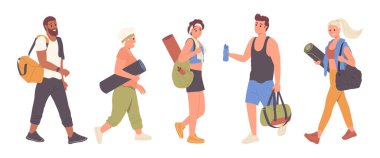 Bir grup erkek ve kadın karakter spor egzersizleri yapmak için spor yapmaya gidiyor. Farklı yaşlarda bir kadın ve bir erkek uygun çanta ve su şişesiyle yürür.
