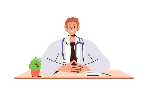 Φιλικός Χαμογελαστός Παιδίατρος Γιατρός Εργαστηριακή Ποδιά Ανυπομονεί Καθίσει Στο Τραπέζι — Διανυσματικό Αρχείο