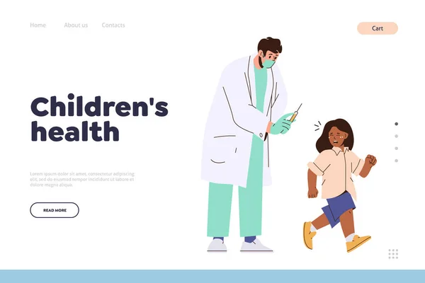 stock vector Children health landing page for online medical service offering professional kids treatment and vaccination. Afraid girl child running away from doctor holding syringe with needle vector illustration