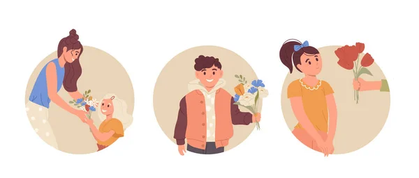 Zestaw Okrągłych Ikon Szczęśliwymi Postaciami Ludzi Dając Otrzymując Bukiet Kwiatów — Wektor stockowy