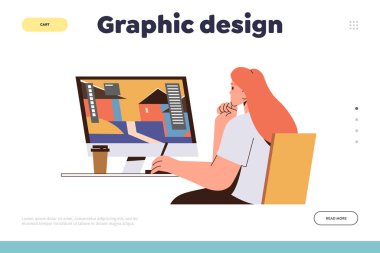 Masa başı vektör illüstrasyonunda oturan dizüstü bilgisayarını kullanarak ilham verici kadın karakterin olduğu grafik tasarım iniş sayfası. Serbest hizmet ve uzak çalışma alanı için web sitesi
