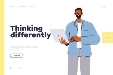Online servis için farklı bir iniş sayfası tasarımı şablonu düşünüyorum. Yenilikçi bilgiler sunuyorum. Çizgi filmdeki düşünceli iş adamı elinde dizüstü bilgisayarla beyin fırtınası yapıyor ve karar vektörü çizimi yapıyor.