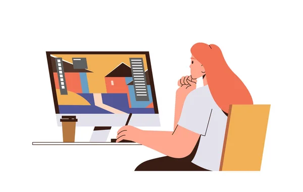 若い女性デザイナーは テーブルの職場に座ってコンピュータ上で作業し 白い背景に隔離されたタスクベクトルイラストを考えています フラット漫画の女性のフリーランスのブレインストーミングについて新しいプロジェクト — ストックベクタ