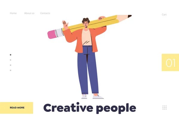 페이지 디자인 창의적 사람들을 공간에 연필을 미소짓는 캐릭터를 놓는다 프리랜서와 — 스톡 벡터