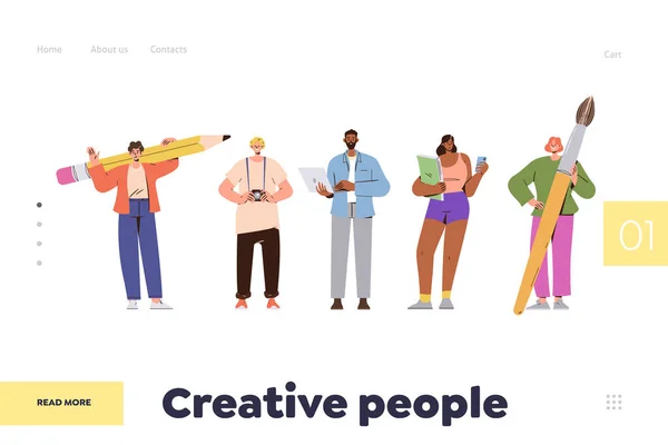 Шаблон Дизайну Цільової Сторінки Різноманітними Творчими Людьми Щасливий Персонаж Тримає — стоковий вектор