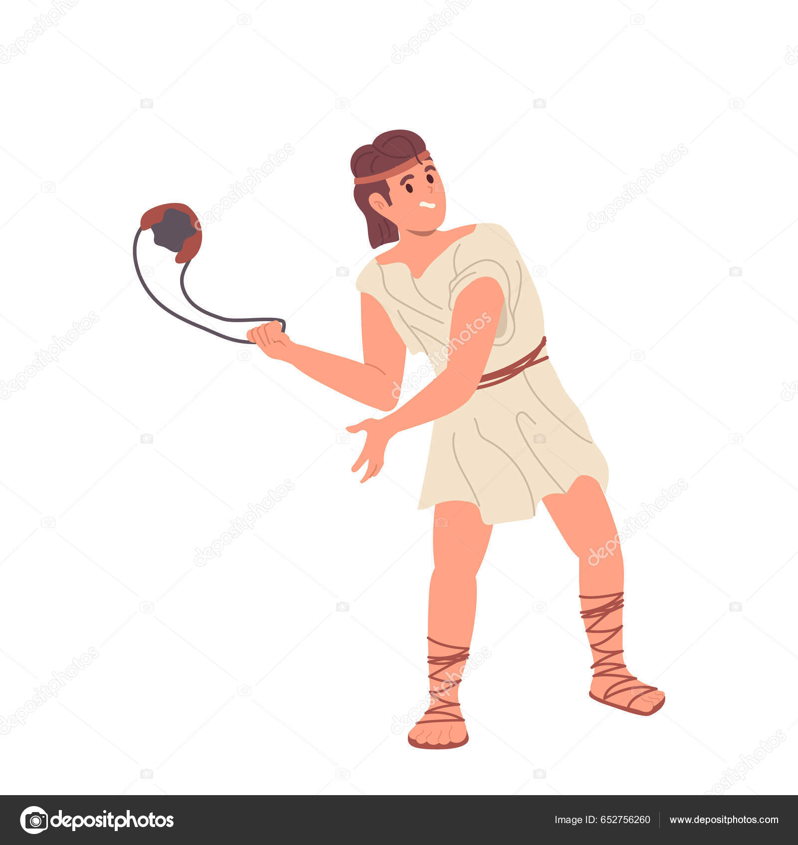 年轻而勇敢的家伙穿着传统衣服的大卫圣经角色从被白色背景隔离的吊带上扔石头基督教神话和圣经故事概念图库矢量图©zuperia 652756260