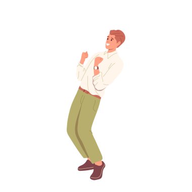 Mutlu iş adamı, başarı vektörü illüstrasyonunu kutlamak için yumruklarını sıkarak el işareti yapıyor. Başarılı erkek ofis çalışanı beyaz arka planda olumlu duygular hissediyor