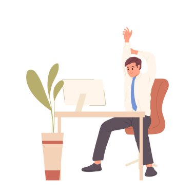 İş adamı karakteri, beyaz arka planda izole edilmiş bilgisayar masası vektör illüstrasyonunda sandalyede oturmaktan keyif alıyor. Erkek işçi kollarını gererek fiziksel sağlık egzersizleri yapıyor.