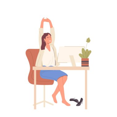 Gülümseyen kadın ofis çalışanı karakteri, beyaz arka planda izole edilmiş vektör çizimi, üretken bilgisayar çalışmasından sonra kısa bir aradan sonra dinleniyor ve esneme egzersizi yapıyor.