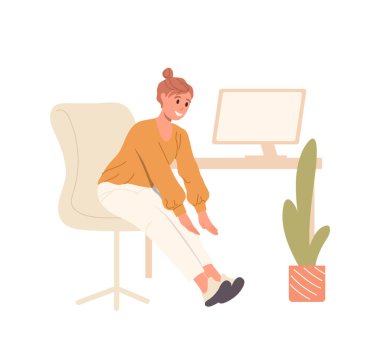 Çok çalışan kadın ofis çalışanı karakterinin beyaz arka planda izole edilmiş görevi tamamladıktan sonra bilgisayar başında bacaklarını açması yorucu. İş yerinde sağlık ve yorgunluk giderme kavramı