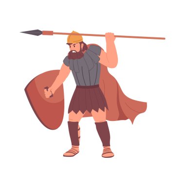 Kızgın Roma Goliath İncili karakter savaşçısı miğferinde kalkan ve beyaza saplanmış mızrakla saldırıyor. İncil 'deki karikatür silahlı insanlar dini hikayeler vektör illüstrasyonundan