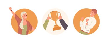 Yuvarlak çerçeve simgesi, mutlu başarılı insanlar ve altın kupa kupası ellerinde. Proje başarısını, kariyer başarısını ve kişisel büyüme vektörü illüstrasyonunu kutlayan iş adamları