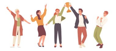 Mutlu iş adamlarından oluşan bir ekip zafer kutlamaları için tezahürat yapıyor. Başarılı çeşitli iş arkadaşları birlik ve destek hissederek hedefe ulaşmayı hedefliyor.