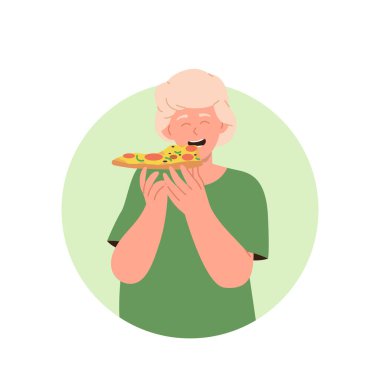Mutlu çocuk domatesli, salamlı ve peynirli pizza yerken memnuniyet ve haz duyuyor. Aç erkek çocuk, lezzetli vektör çiziminden gözleri kapalı bir şekilde ısırıyor.