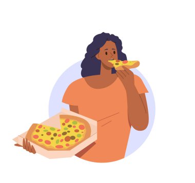 Lezzetli bir pizzayı kutuda saklayan genç bir kadın karakter lezzetli bir fast food dilimi yiyor ve harika bir vektör çizimi hissediyor. Restorandan ya da kafeterya menüsünden sağlıksız abur cubur barakası