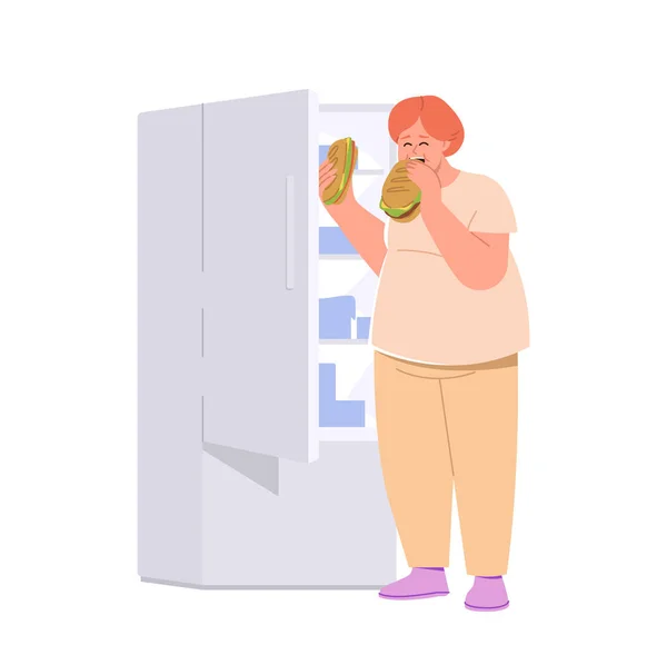 胖女人在晚上吃三明治时 站在打开的冰箱前 用白色背景孤立出病媒图解 有坏习惯和快餐上瘾观念的人 — 图库矢量图片