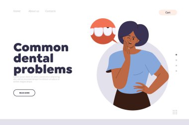Diş ağrısından muzdarip genç bir kızın iniş sayfasında yaygın bir diş problemi konsepti. Yetişkinler ve çocuklar için tedavi sunan modern stomatoloji kliniği için web sitesi tasarım şablonu