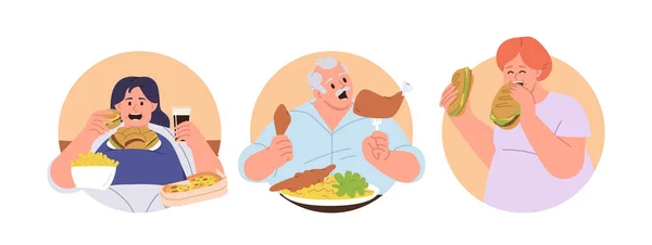 Iconos Marcos Redondos Aislados Con Personas Obesas Comiendo Comida Rápida — Archivo Imágenes Vectoriales