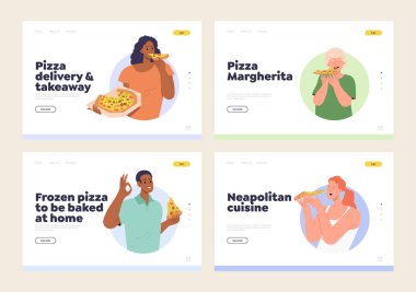 Fast food restoranı, pizzacı kafe menüsü ve servis reklamı için iniş sayfası. Geleneksel İtalyan abur cubur fırını veya bistro sipariş ve teslimat promosyon web sitesi illüstrasyonu