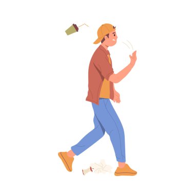 Kızgın genç çocuk karakteri beyaz arka planda izole edilmiş boş kahve fincanı çizimini çöpe atıyor. Kötü davranış, gençlik suçu ve sosyal protesto konsepti