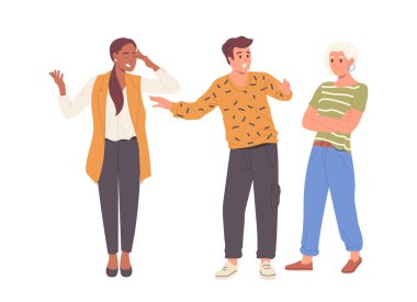 Kızgın insanlar, beyaz arka planda münakaşa ve yanlış anlaşılmalara sahipler. Çizgi filmdeki sinirli adam ve bağırıp çağıran iki öfkeli kadın. Dostluk çatışması konsepti