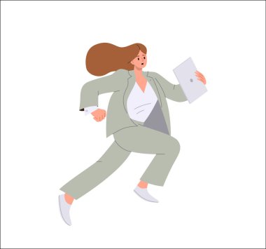 Dizüstü bilgisayarı tutan stresli iş kadını karakteri beyazla izole edilmiş. Düz çizgi film kadın ofis çalışanı vektör çizimi için acele ediyor. Son teslim tarihi, geç saate kadar çalışma, kariyer meydan okuma konsepti