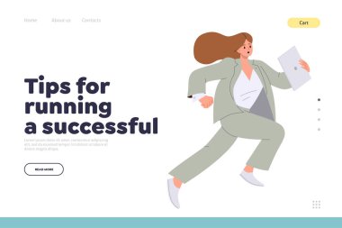 Başarılı, finansal ve kariyer gelişimi için yararlı iş tavsiyeleri içeren bir iniş sayfası şablonu. Düz çizgi film endişeli iş kadını karakteri dizüstü bilgisayarı elinde tutuyor. Fırsatı değerlendiriyor.