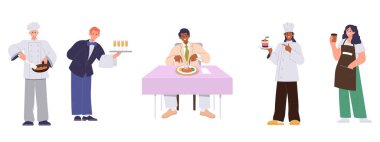 Üniformalı restoran çalışanları ve mutlu erkek müşteriler masada lezzetli yemekler servis ediyorlar. Şef, garson barista ve pastacı. Üniformalı vektör çizimi giyiyorlar. Profesyonel hizmet.