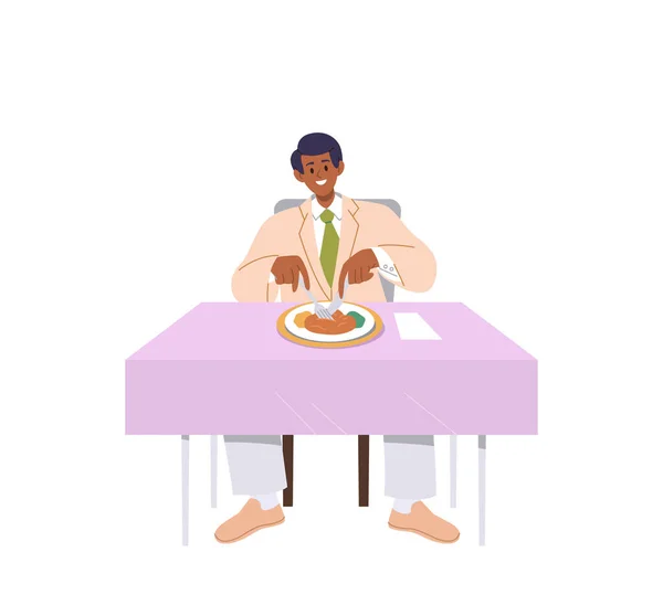 满意的男性顾客在餐桌前吃饭时 被白色背景隔离 平面漫画笑容满面的男人消费者性格有美味的午餐矢量插图 — 图库矢量图片