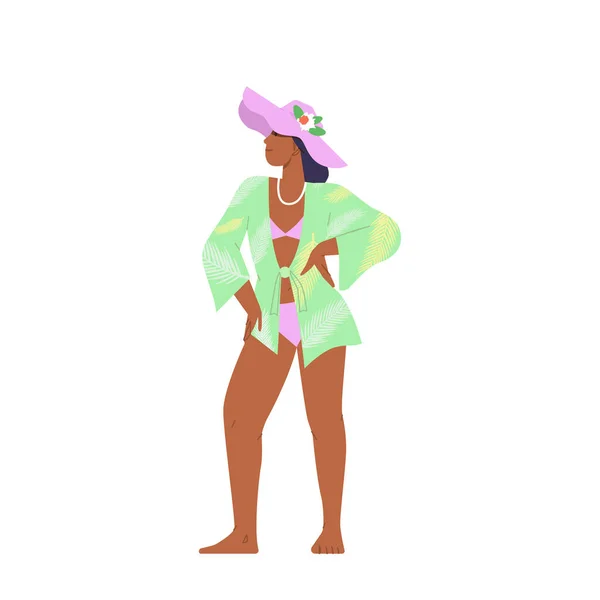 Elegante Hermoso Personaje Mujer Posando Bikini Moda Traje Baño Sombrero — Vector de stock